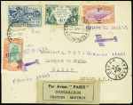Côte des Somalis n°137 + 140 + 119 + 122 obl Djibouti (22.4.32) sur lettre pour Dakar avec griffe violette "Djibouti - Dakar 1er service avion" avec étiquette grise