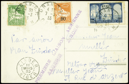 Algérie n°48 + 75 + 77 obl Oran RP (7.3.33) sur carte postale avec griffe violette "Première liaison aérienne Algérie Zinder" (Muller Algérie n°34 - Liaison par le  colonel Bouscat)
