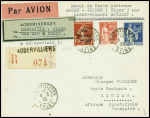 N°277, 1F50 + 50c caisse d'amortissement + n°283 + n°288 obl. Aubervilliers (3.3.33) sur lettre pour Zinder avec étiquette bleue "Acheminement Marseille-Alger Cie Air Union et Aéropostale"