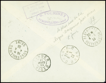 N°277, 1F50 + 50c caisse d'amortissement + n°283 + n°288 obl. Aubervilliers (3.3.33) sur lettre pour Zinder avec étiquette bleue "Acheminement Marseille-Alger Cie Air Union et Aéropostale"