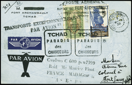 Congo n°82 + Gabon n°93 obl Fort Archambault (2 mars 1936) sur lettre avec Daguin "Tchad paradis des chasseurs" avec griffe noire "Caudron C600 PW 7199 raid Me Maurice Finat France