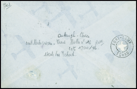 Congo n°82 + Gabon n°93 obl Fort Archambault (2 mars 1936) sur lettre avec Daguin "Tchad paradis des chasseurs" avec griffe noire "Caudron C600 PW 7199 raid Me Maurice Finat France