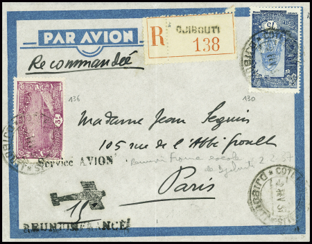 Côte des Somalis n°130 + 136 obl Djibouti (2 fev 37) sur lettre recommandée pour Paris avec griffe noire illustrée d'un avion "Service avion Réunion - France"