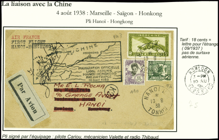 10 aout 1938 - Inauguration ligne aérienne Hanoï - Hong-Kong par Air France avec signatures de l'équipage Cariou, Valette et Thibaud (Muller n°134 Indochine). TB