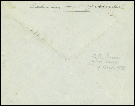 Cameroun n°137, 3 pièces obl Yaoundé sur lettre avec griffe de fortune noire "Potez 561 Yaounde - Lamy 16.3.39". TB
