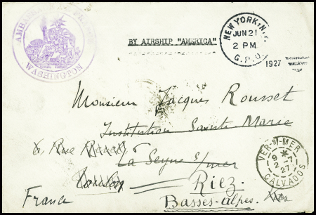 Lettre (timbre décollé par immersion) avec CAD "New York GPO" (21.6.1927) + cachet violet avec déesse assise "Ambassade de France Washington" pour Riez (Basses Alpes) avec CAD
