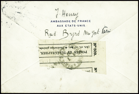 Lettre (timbre décollé par immersion) avec CAD "New York GPO" (21.6.1927) + cachet violet avec déesse assise "Ambassade de France Washington" pour Riez (Basses Alpes) avec CAD