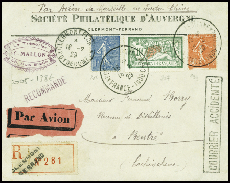 N°199 + 205 + 207 obl grand CAD "Poste aérienne France Indochine" (18.2.29) sur lettre recommandée avion pour l'Indochine avec griffe encadrée "Courrier accidentée"