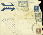 Argentine n°280 + PA11 + PA15 obl Buenos-Aires sur env entier postal 12c bleu avec griffe encadrée "Correspondance aérienne ouverte en "Mauritanie"