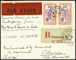 Madagascar n°154 en paire obl Tananarive RP (7.12.29) sur lettre recommandée pour la Suisse avec griffe "Courrier accidenté (accident de Goulette à l'Ile Juan de Nova) (Nierick n°291207)