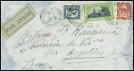 Indochine n°132 + 144 + 161 obl Saïgon (17.3.32) sur lettre avec griffe erronée "Avion tombé en mer" (accident de Pommereau à Crotone Italie - Nierinck n°320328). Rare et TB