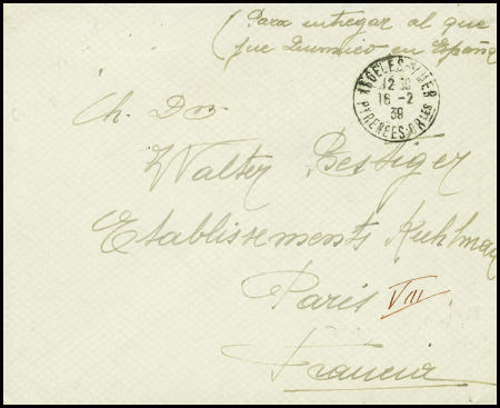 16.2.1939 Lettre précoce d'Argelès sur Mer (le bureau du camp n'est pas encore ouvert) avec CAD "Argelès s/Mer Pyrénées Orles" non taxée conformément à la note n°116 du 4 mars 1939