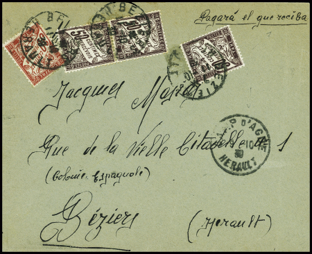 Lettre avec CAD "Camp d'Agde Hérault" (9.10.1939) + mention manuscrite "Pagara el que reciba" (sera payé par le destinataire) pour Béziers avec timbre-taxe n°29, 3 pièces + n°33 obl Béziers