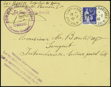 FM n°10 obl CAD "Camp Le Barcarès PYR. ORLes" (19.3.40) sur lettre avec cachet violet "Commissariat spécial du camp de Le Barcarès (Pyrénées Orientales) + griffe idem. TB