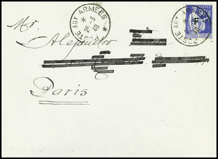 FM n°10 obl CAD "Poste aux armées" (26.3.40) sur lettre d'un travailleur espagnol dans la zone des armées, adresse rayée sinon TB