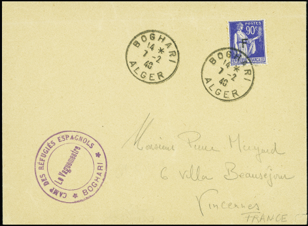 FM n°10 obl CAD "Boghari Alger" (7.2.40) sur lettre avec cachet violet "Camp des réfugiés espagnols Boghari - le vaguemestre" (seul camp d'Afrique du Nord à posséder un cachet administratif)
