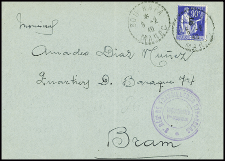 FM n°10 obl CAD pointillé "Bou Arfa Maroc" (5.2.40) sur lettre avec cachet violet "8e REGt de travailleurs étrangers vaguemestre 1re compagnie". Seule pièce vue du Maroc. TB