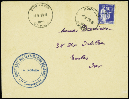 FM n°10 obl CAD horoplan "Bonifacio Corse" (29.8.40) sur lettre avec cachet bleu "Groupement des travailleurs espagnols - 17e compagnie - le capitaine ". Jolie pièce rare