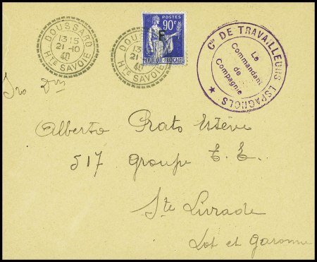FM n°10 obl CAD perlé "Doussard Hte Savoie" (21.10.40) + cachet violet "Cie de travailleurs espagnols - le commandant de compagnie". TB