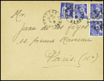 FM n°10 + n°407, 10c Mercure, 3 pièces obl Pézenas Hérault (8.11.39), sur lettre. TB