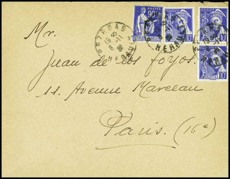 FM n°10 + n°407, 10c Mercure, 3 pièces obl Pézenas Hérault (8.11.39), sur lettre. TB