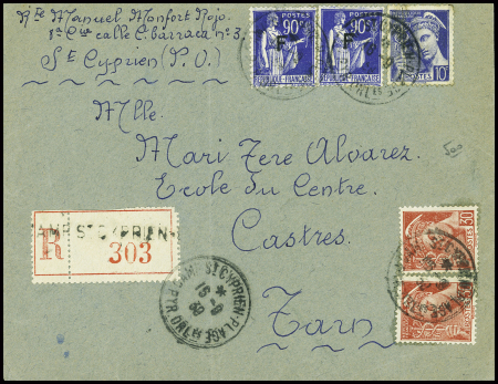 FM n°10, 2 pièces obl CAD "Camp St Cyprien plage Pyr. Orles" (17 nov 38) sur lettre recommandée du 1er échelon de poids. TB