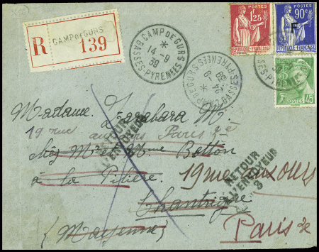 FM n°10 + 407 + 412 obl CAD "Camp de Gurs Basses Pyrénées" (14.9.39) sur lettre recommandée du 1er échelon de poids. TB