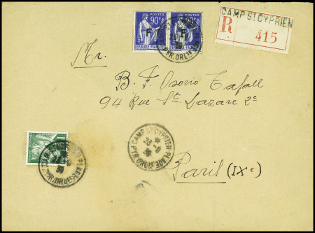 FM n°10 en paire + n°432 obl CAD "Camp St Cyprien Plage Pyr. Orles" (23.9.39) sur lettre recommandée du 2ème échelon de poids. TB