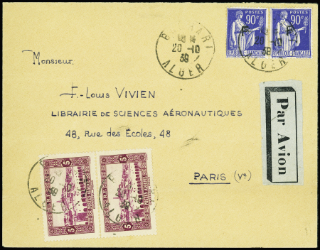 FM n°10 en paire en mixte avec Algérie n°104 en paire obl Boghari Alger (20.10.39) sur lettre par avion pour Paris. TB