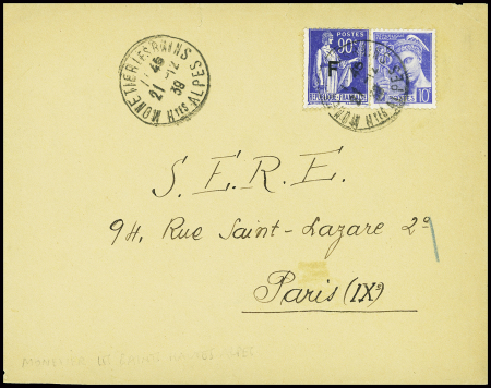 FM n°10 + n°407, 10c Mercure obl "Monetier les Bains Htes Alpes" (21.12.39) sur devant de lettre. TB