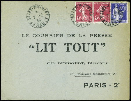 FM n°10 + n°278B, 5c semeuse rose, en paire (usage rare et tardif) obl St Chinian Hérault (2.2.40) sur lettre, TB