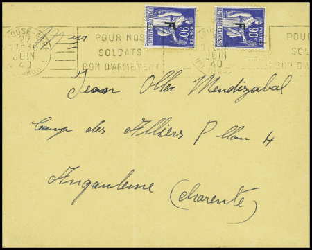 FM n°10, 2 pièces, obl Toulouse-gare (juin 1940), sur lettre pour Angoulême en double port (tarif du 1.12.1939). TB