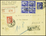 FM n°10, bloc de 4 + 1 pièce + n°283 obl CAD "Camp Argelès sur Mer Pyr. Orles" (27.4.40) sur lettre recommandée exprès. TB