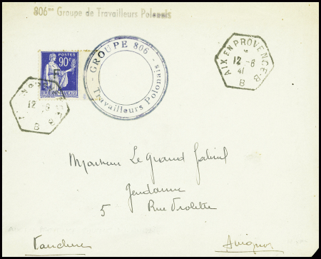 FM n°10 obl hex "Aix en Provence B - B" (12.6.41) sur lettre avec cachet bleu "Groupe 806 travailleurs polonais" et griffe "806me groupe de travailleurs polonais". TB