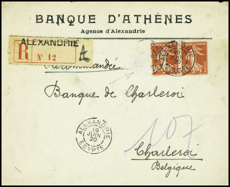 N°138 10c semeuse rouge, 2 pièces, obl CAD "Alexandrie Egypte" (1920) sur lettre recommandée à en-tête "Banque d'Athènes agence d'Alexandrie" pour Charleroi (Belgique). TB