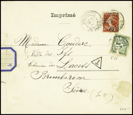 N°138 obl CAD "Sallanches Hte Savoie" (1909) sur grande carte postale dépliante 3 volets (panorama de la chaine du Mont Blanc) avec mention "imprimé" et timbre-taxe n°31. TB
