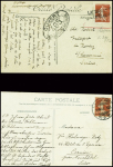 3 plis AFF semeuse avec obl suisses : n°138 obl CAD "Ambulant n°18" (1907) sur CP, n°138 obl linéaire "Lausanne gare expédition" sur CP et n°138 en paire + 158 obl linéaire "Gare d