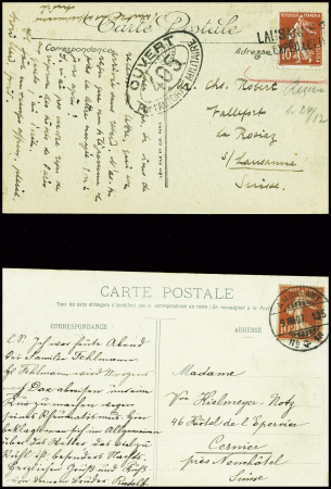 3 plis AFF semeuse avec obl suisses : n°138 obl CAD "Ambulant n°18" (1907) sur CP, n°138 obl linéaire "Lausanne gare expédition" sur CP et n°138 en paire + 158 obl linéaire "Gare d