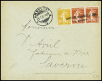 3 plis AFF semeuse avec obl suisses : n°138 obl CAD "Ambulant n°18" (1907) sur CP, n°138 obl linéaire "Lausanne gare expédition" sur CP et n°138 en paire + 158 obl linéaire "Gare d