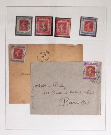 N°138 : 9 porte-timbres sur plis : manchon Hella (2 verts et 2 bleus) - Un Mignon - Dieu protège la France (2) - La France au Sacré Cœur - Menthe Pastille + 4 détachés