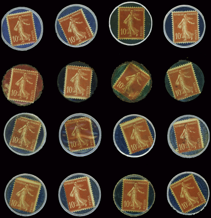 N°138 : 16 timbres-monnaie : Crédit Lyonnais (2) - Société Marseillaise de crédit - Lisez l'intran - Rhum Charleston - Spidoléine (2) - Société Générale - Nouvelles Galeries