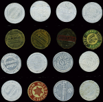 N°138 : 16 timbres-monnaie : Crédit Lyonnais (2) - Société Marseillaise de crédit - Lisez l'intran - Rhum Charleston - Spidoléine (2) - Société Générale - Nouvelles Galeries