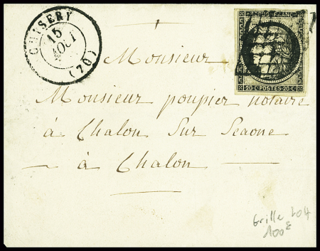 N°3 obl grille + T15 "Cuisery (70)" (1849) sur lettre, ind 17. TB