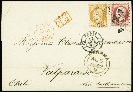 N°16 + 17B, piquage Susse, obl étoile muette + CAD T15 "(J) Paris (J) 60" (1862) sur lettre pour Valparaiso avec transit Panama au recto. RR et TB