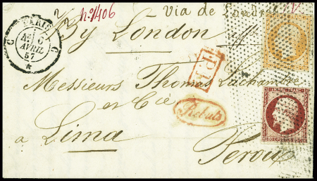 N°16 + 17A obl roulette de pointillés + CAD "C Paris C" (1857) sur lettre pour Lima (Pérou) avec marque ovale rouge "Rebuts". TB