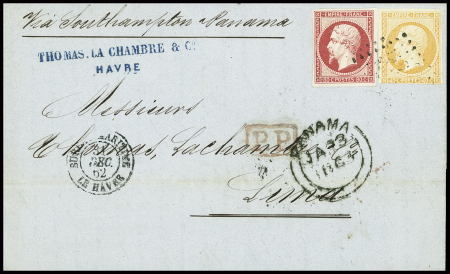 2 lettres AFF n°16 (touché) + 17A (TB) obl PC 441 (Bordeaux) et PC 1495 (bureau maritime Havre) sur 2 lettres pour Lima (Pérou). TB
