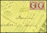 N°17A 80c carmin, paire obl PC 3432 + T15 Troyes (1855) sur env. de fortune réalisée à base d'une affiche d'adjudication, adressée à un huissier à Chalons sur Marne. TB