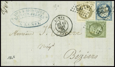 N°19, léger pli d'archive + n°27 + n°37 obl GC 2123 + T17 "Lunel (33)" (12 sept 71) sur lettre pour Béziers. TB