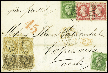 N°20, 2 pièces + 30 en paire + 32 + n°59 en paire (léger pli d'archive) obl GC 1769 + T17 Le Havre (4 oct 71) sur lettre pour Valparaiso (Chili), bel AFF tricolore. TB