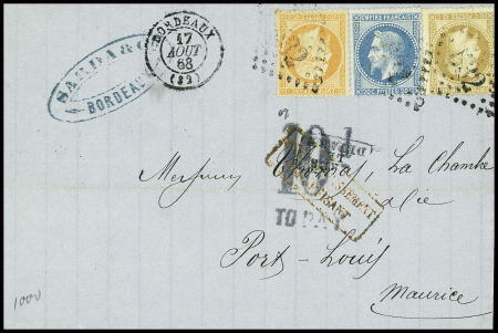 N°23 + 28 + 29 obl GC 532 + T15 Bordeaux (1868) sur lettre pour Port Louis (Ile Maurice) avec taxe à l'arrivée "10d to pay". TB